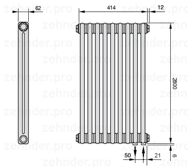 Схема (чертеж) Радиатор Zehnder Charleston 2280/9 №5510 Белый глянцевый RAL 9016